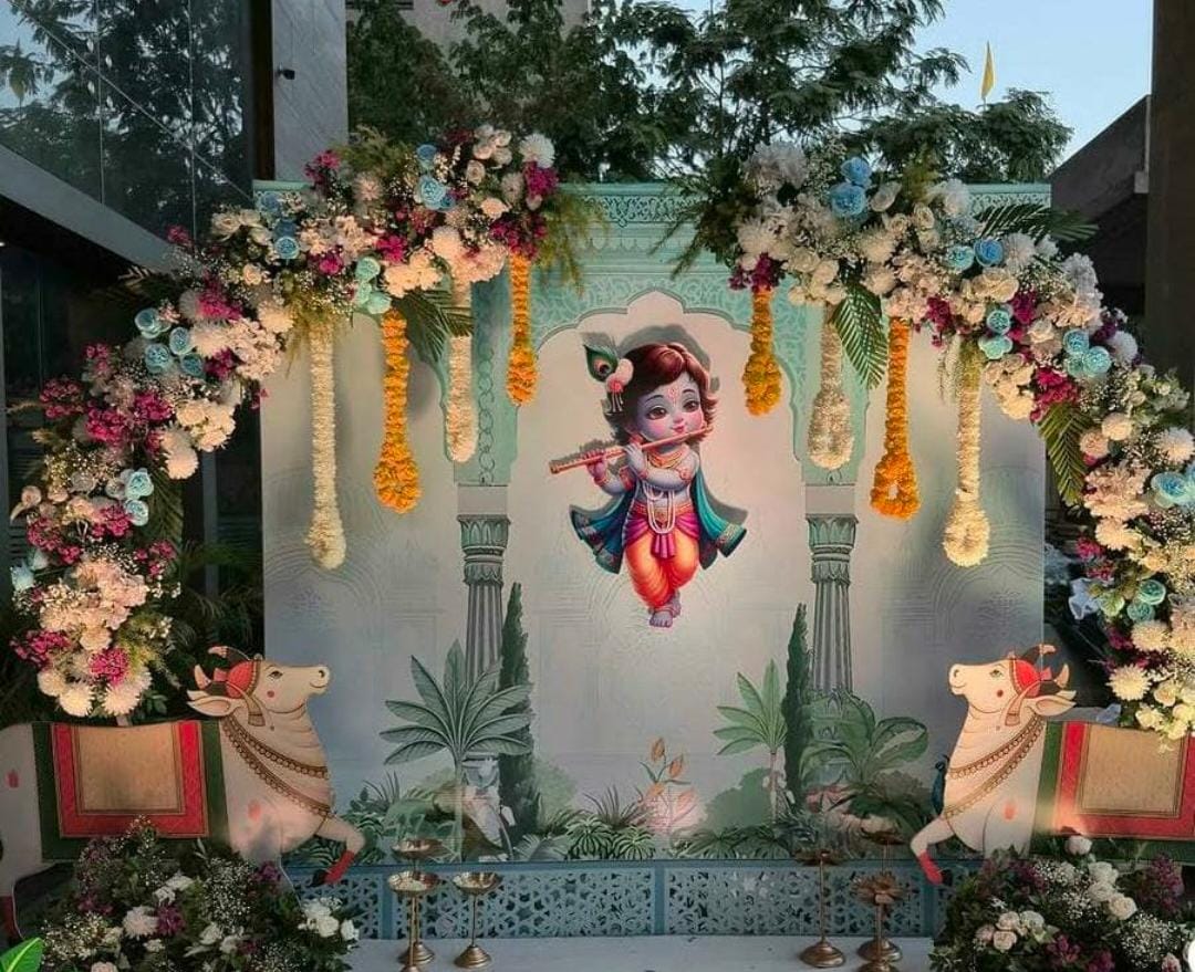 Mehendi jhula floral decoration with pink roses and marigold in Delhi